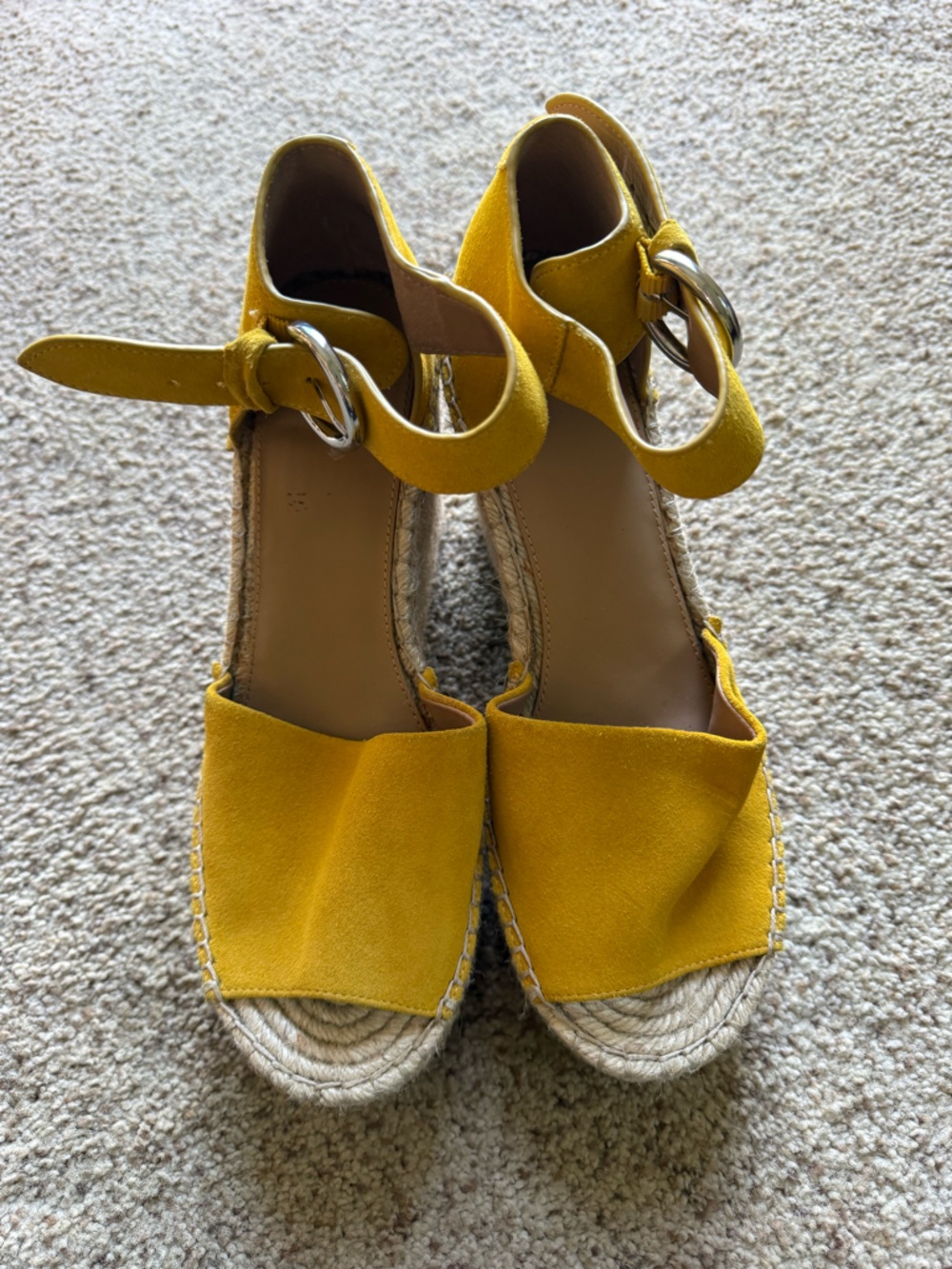 Marc Fisher Alida Yellow Suede Espadrille Wedge Sandals with Ankle Buckle Size 9